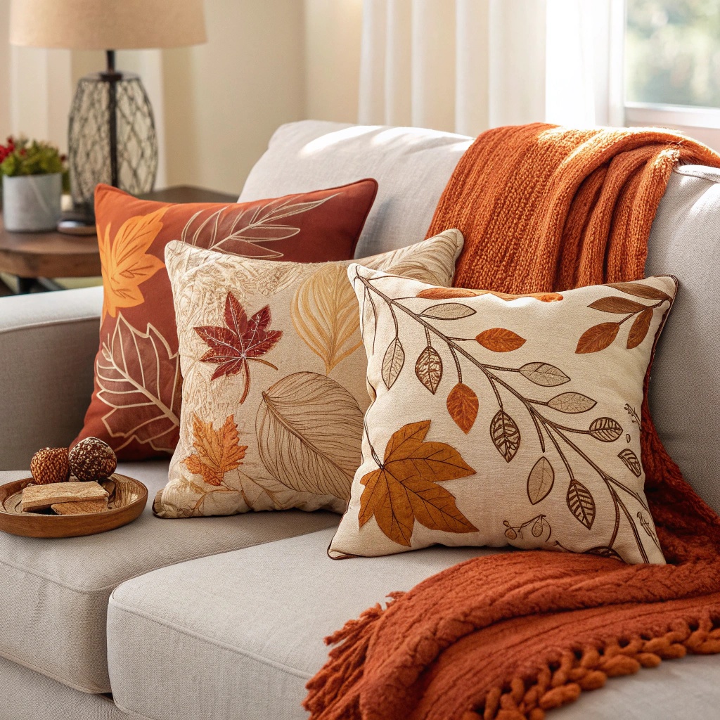 Cozy living room with autumn-inspired throw pillows in warm colors and leaf patterns.