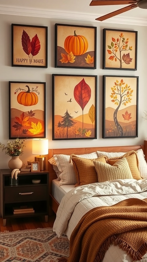 A cozy bedroom with autumn-themed wall art featuring leaves and pumpkins.