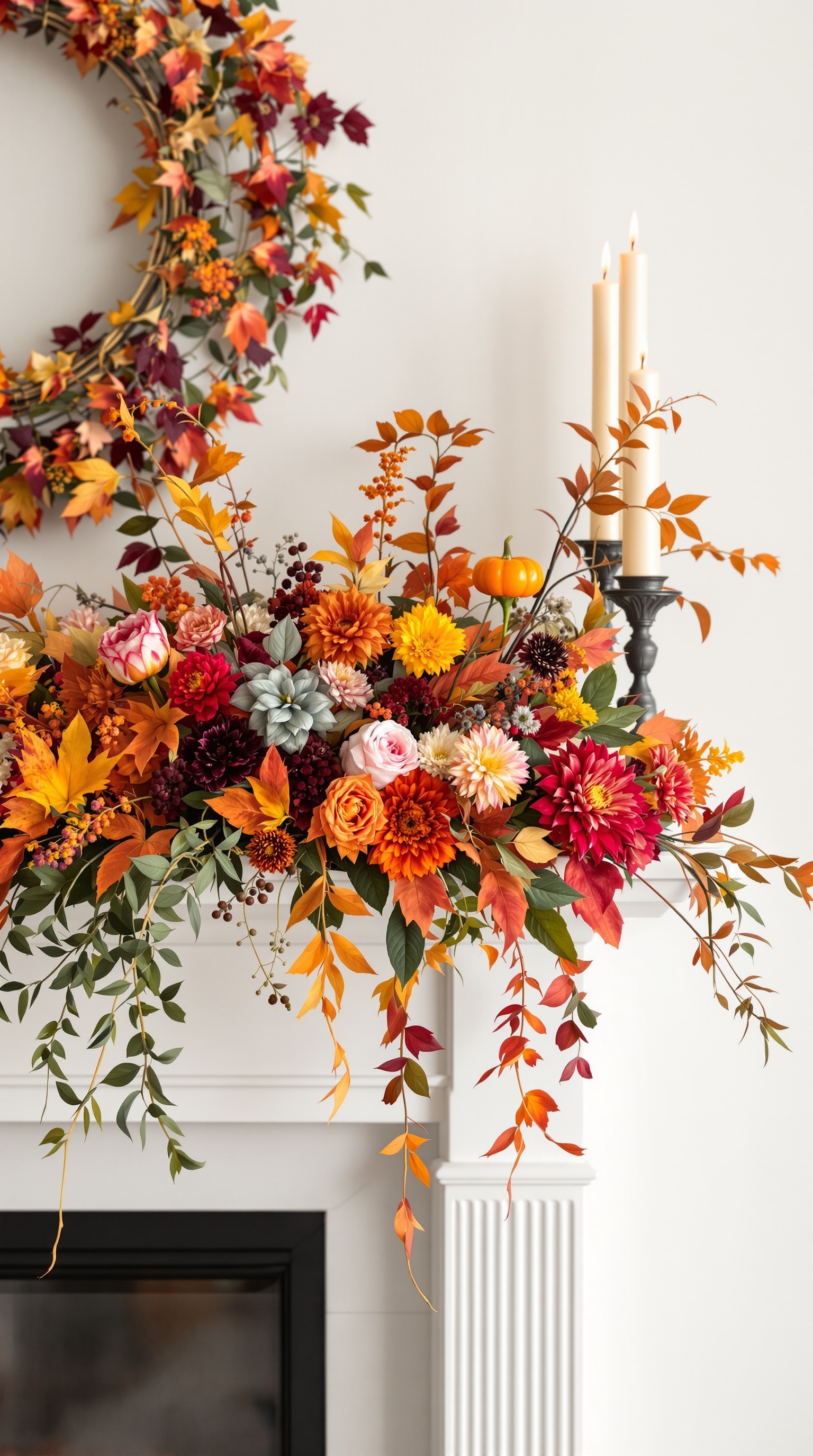 A beautiful autumnal floral arrangement on a mantel, featuring vibrant flowers, leaves, and candles.