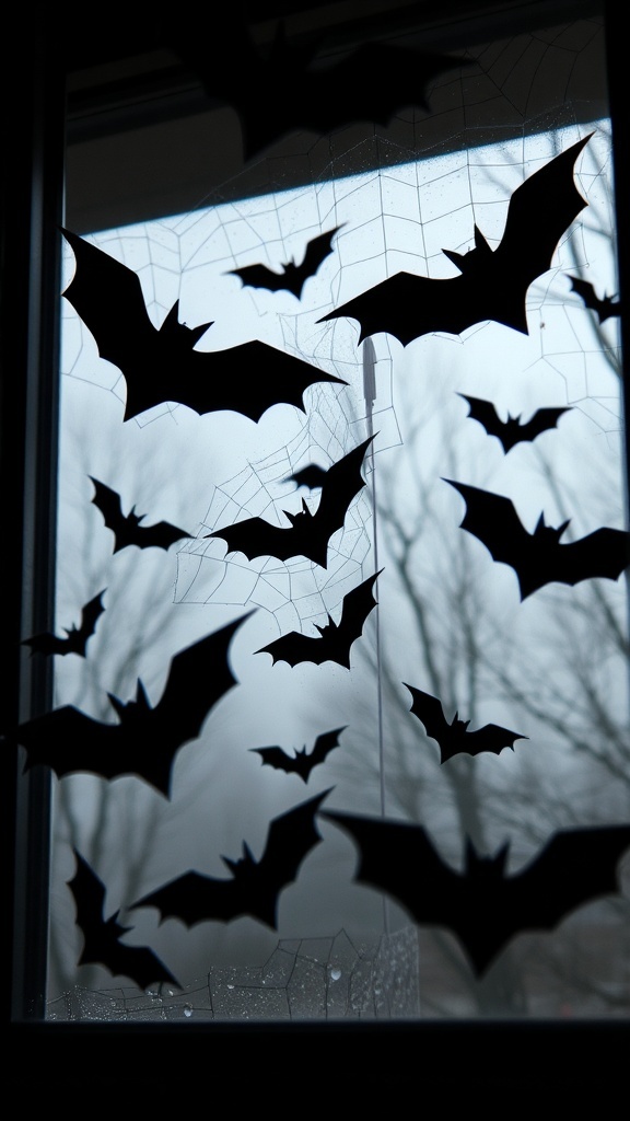 Black bat silhouettes on a window with spider webs.