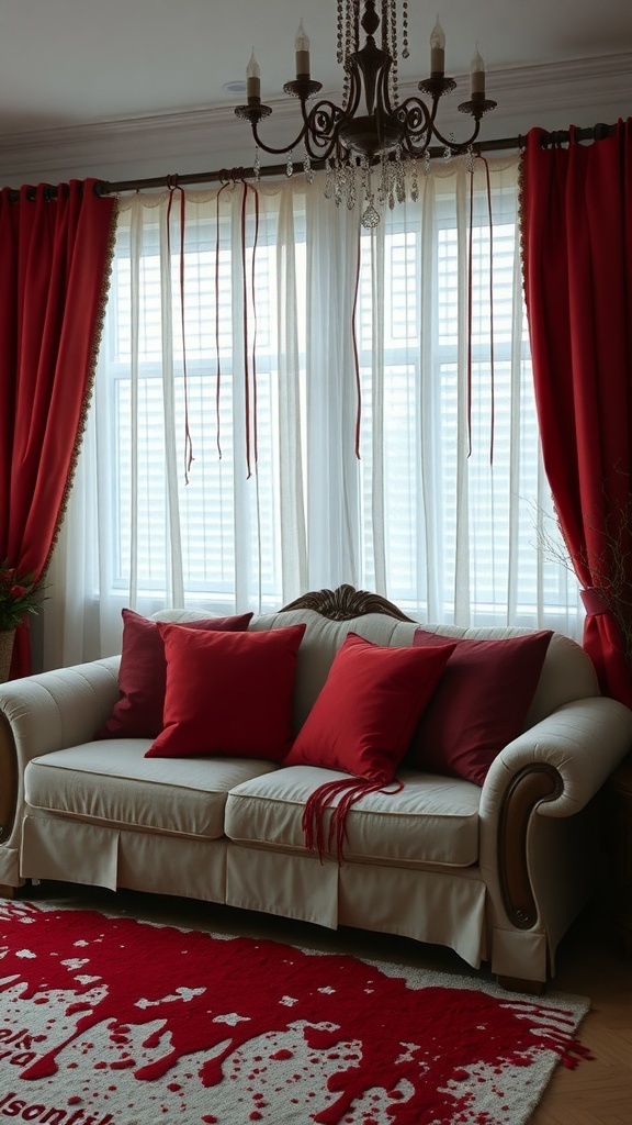 A cozy living room featuring blood-red curtains and pillows, with a rug that has a blood-like design.
