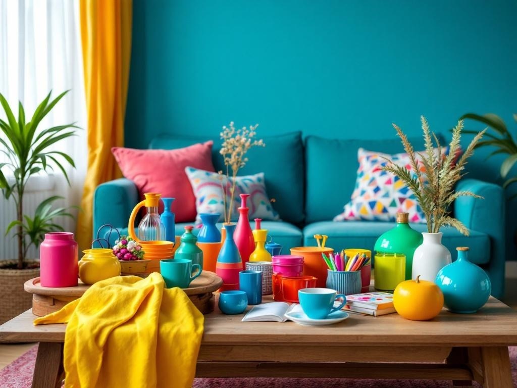 A vibrant coffee table styled with colorful accessories and a cozy throw.