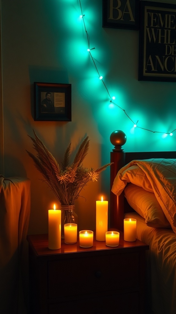 Cozy bedroom with candles and soft lighting