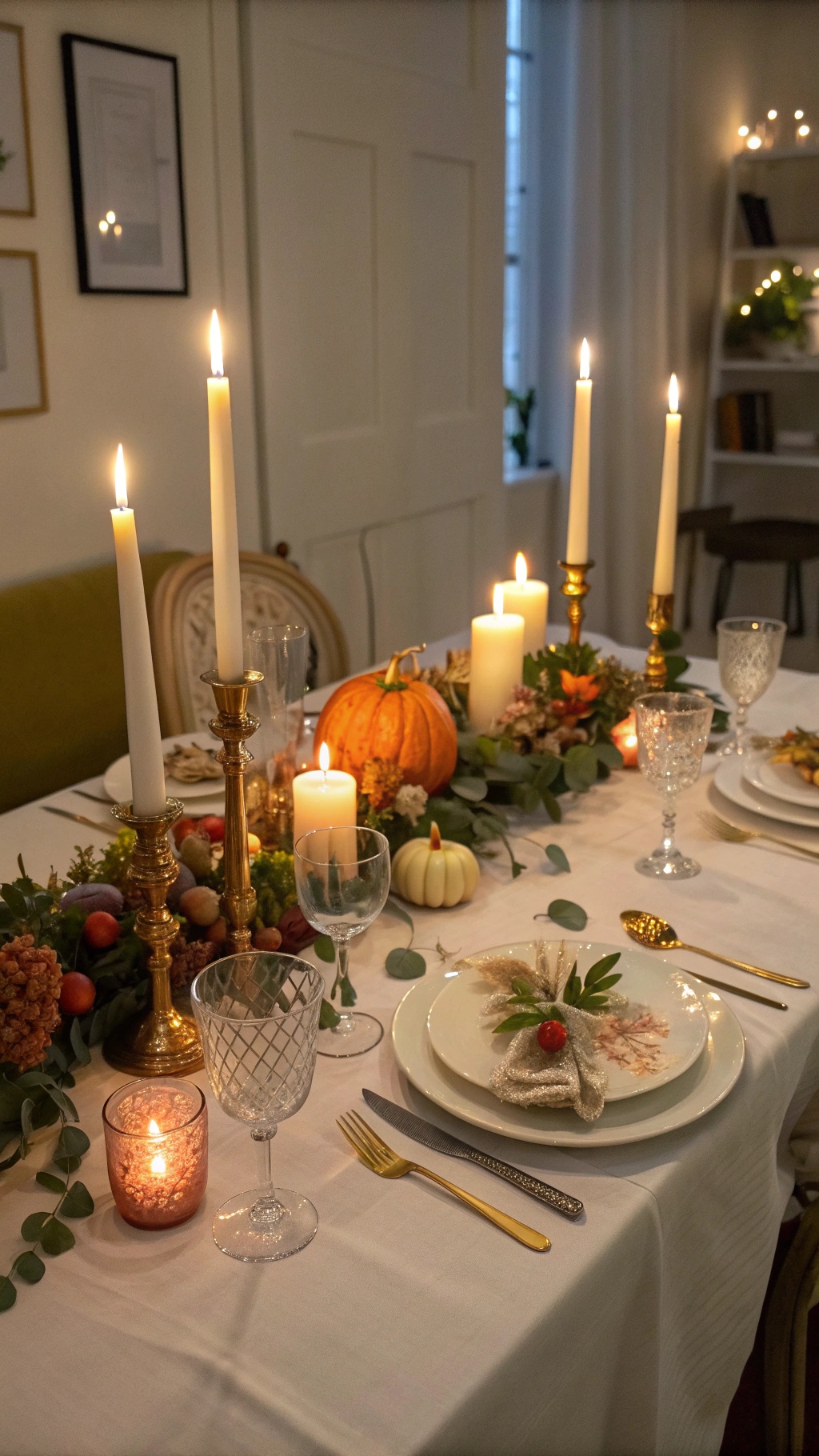 Elegant Thanksgiving table setting with candles, pumpkins, and autumn decor.