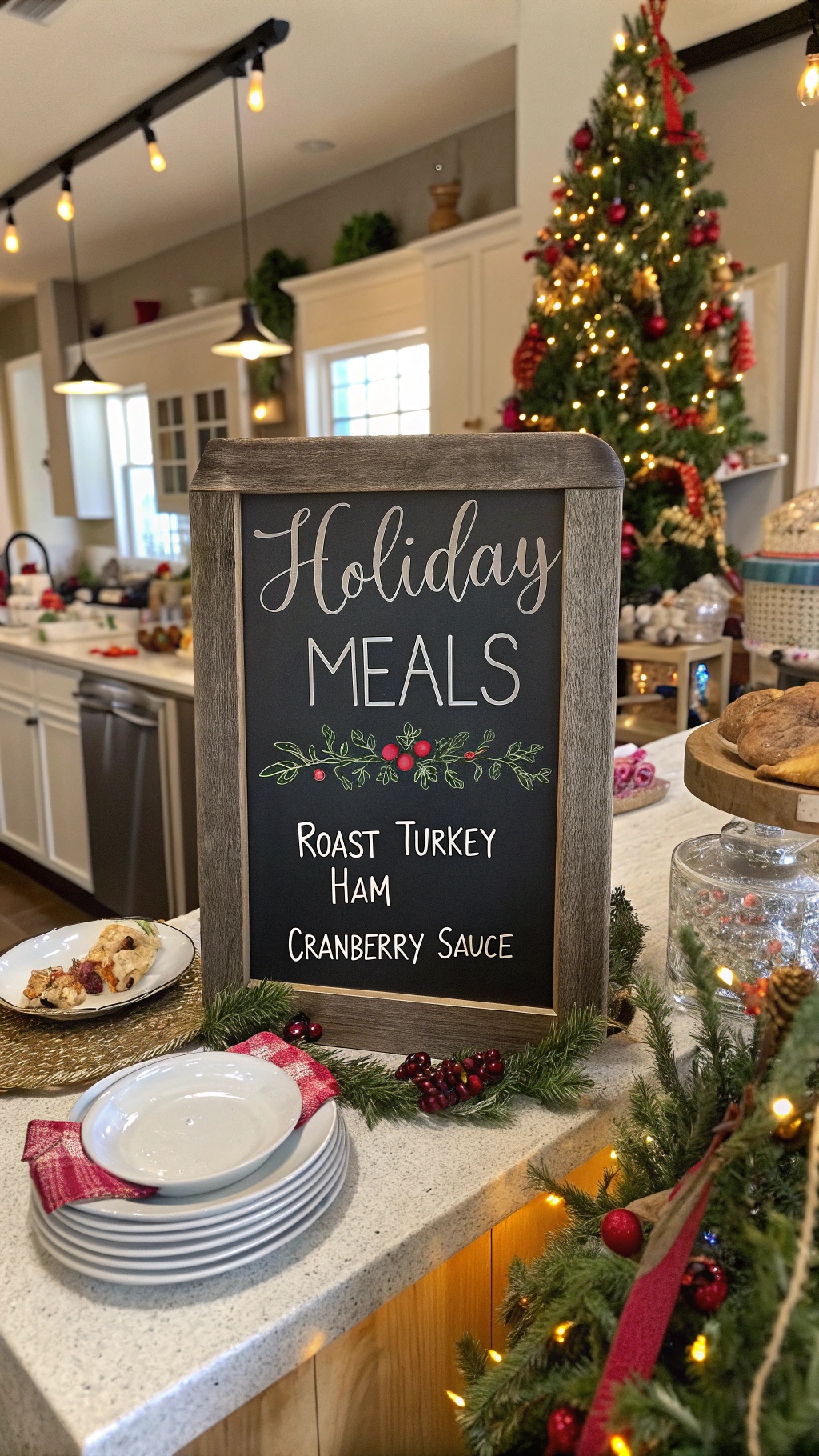Chalkboard menu displaying holiday meal options in a cozy kitchen setting.