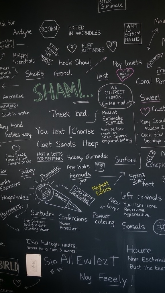 Chalkboard wall filled with colorful notes and drawings.