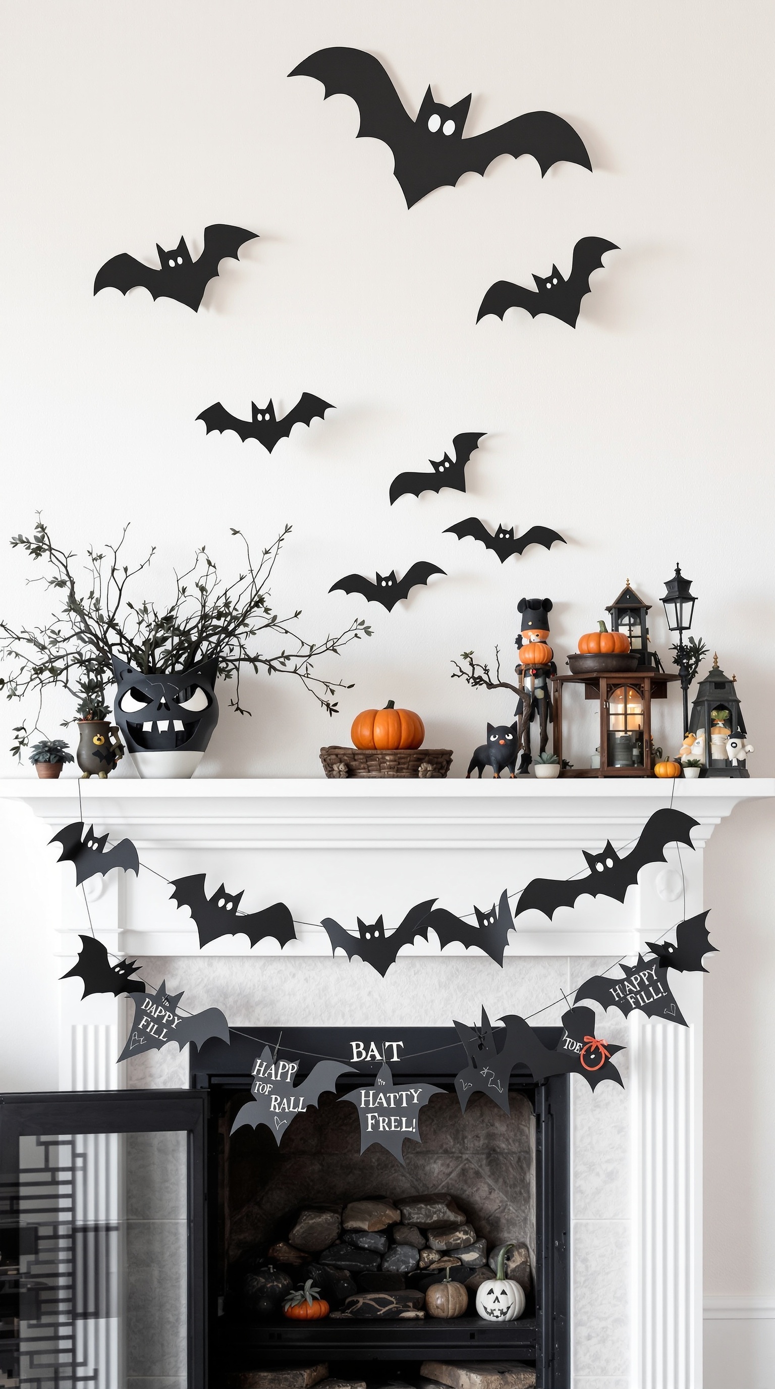 A Halloween mantel decorated with black paper bats, pumpkins, and a quirky black cat planter.