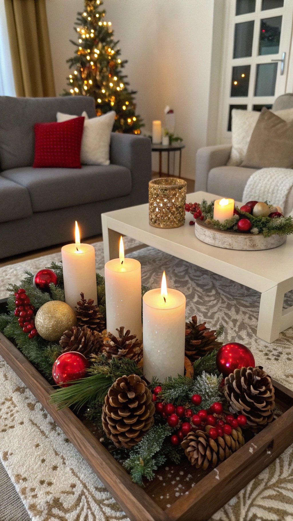 A cozy holiday centerpiece featuring candles, pinecones, and ornaments.