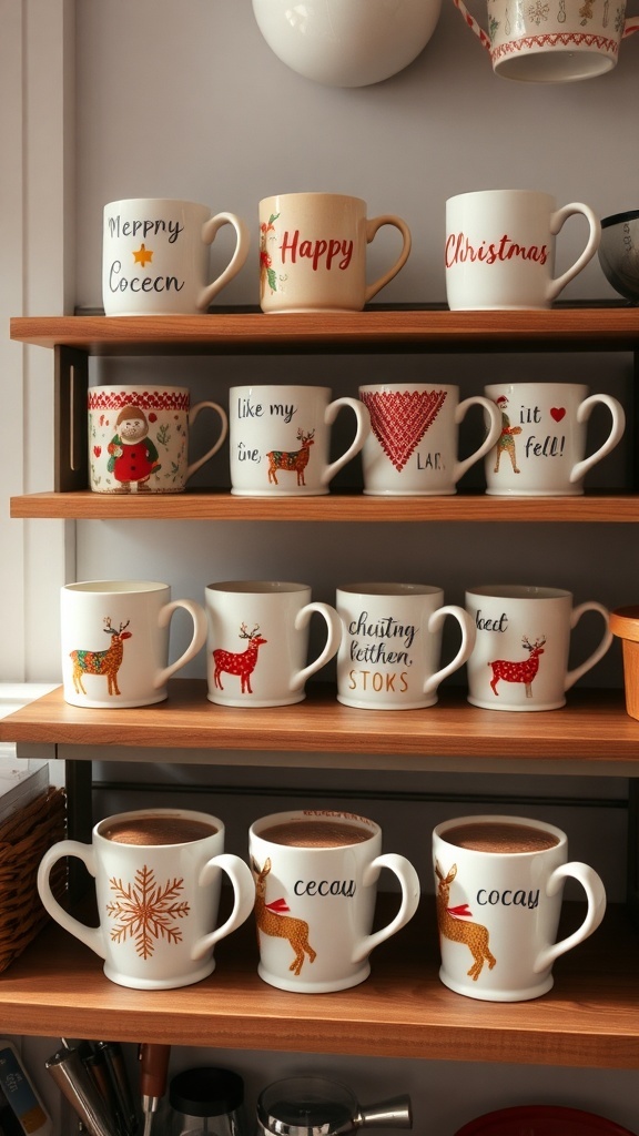 A collection of festive holiday mugs displayed on wooden shelves.