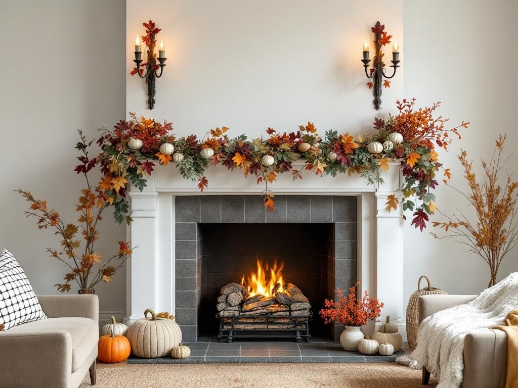 Cozy fall mantel display with autumn leaves, pumpkins, and a warm fire.