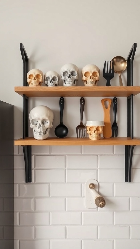 A kitchen shelf with decorative skulls and cooking utensils.