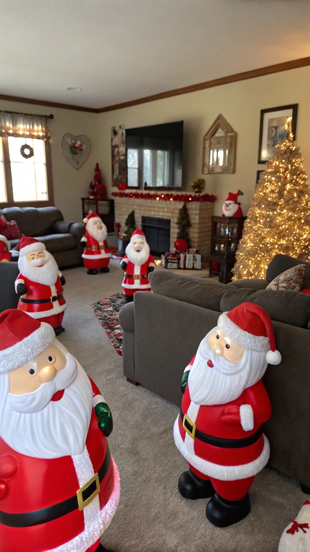 A cozy living room decorated with cheerful Santa figurines.