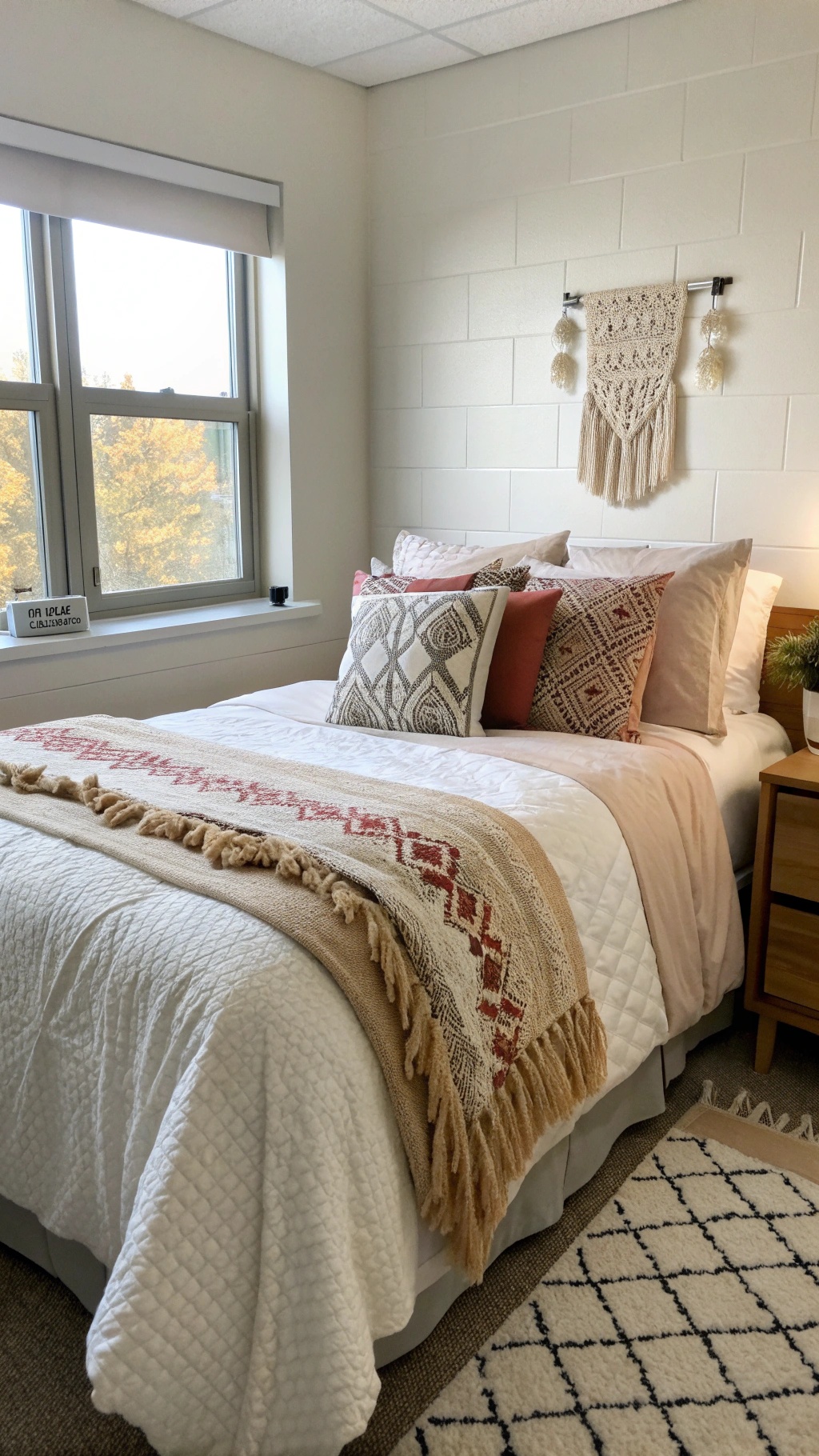 A stylish dorm room bed with chic bedding, decorative pillows, and a cozy throw blanket.