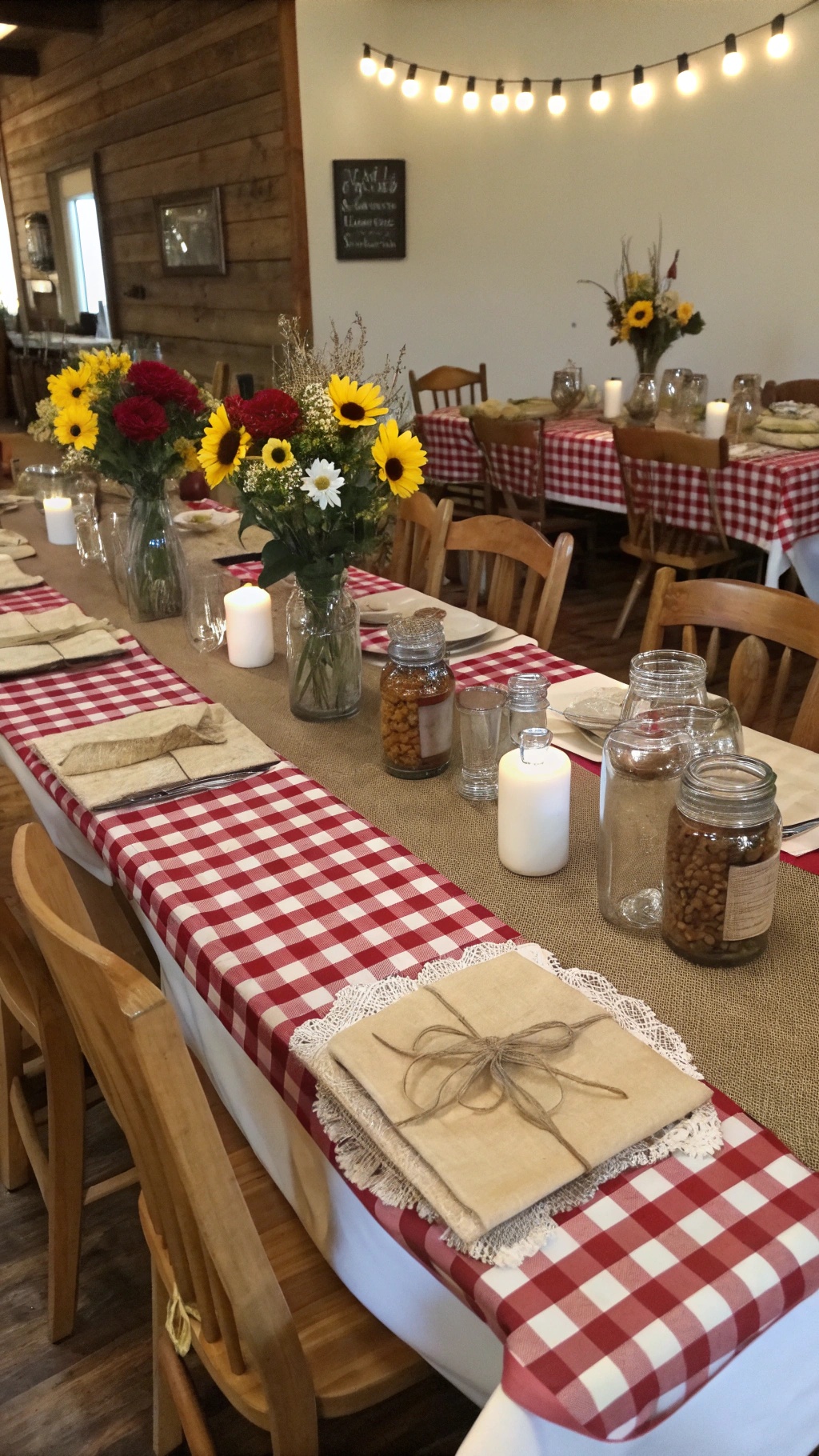 A farmhouse-style Thanksgiving table setting with checkered tablecloth, flowers in jars, and rustic decor.
