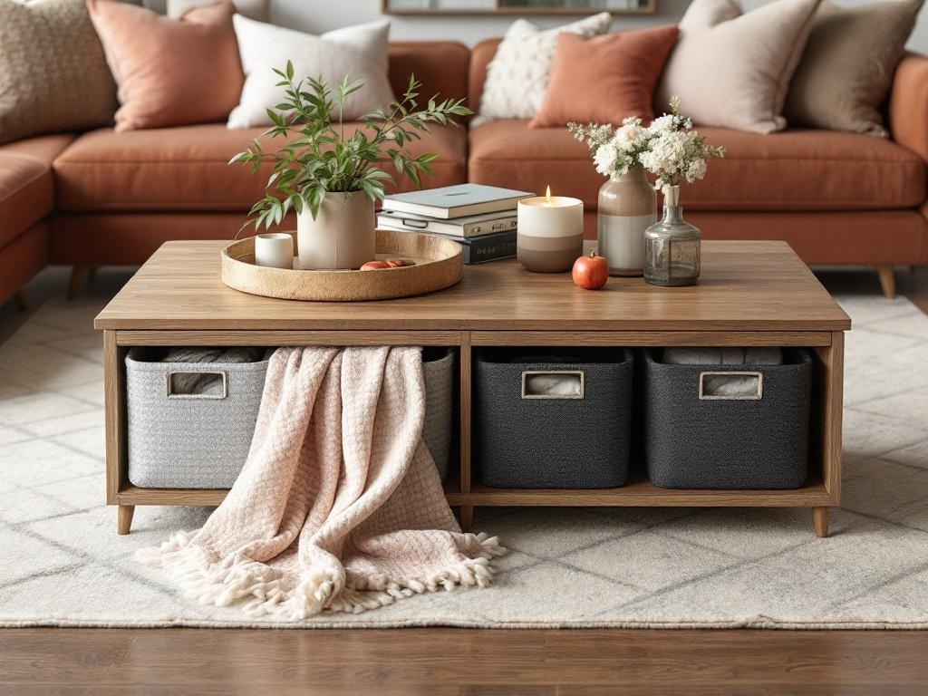 A stylish coffee table with decorative storage baskets, a tray with candles, and a plant.