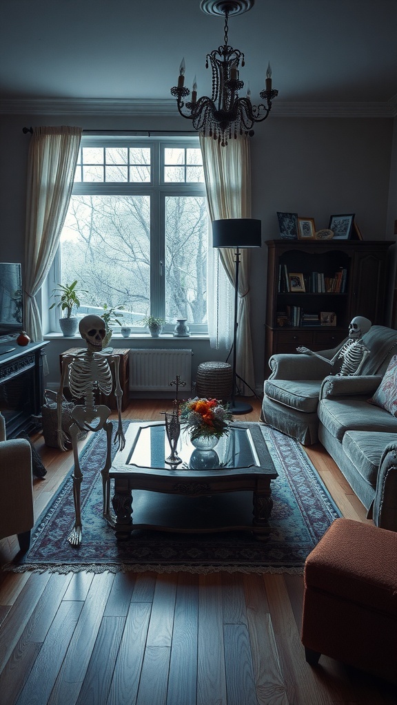 A cozy living room decorated with skeleton figurines, showcasing a spooky yet inviting atmosphere.