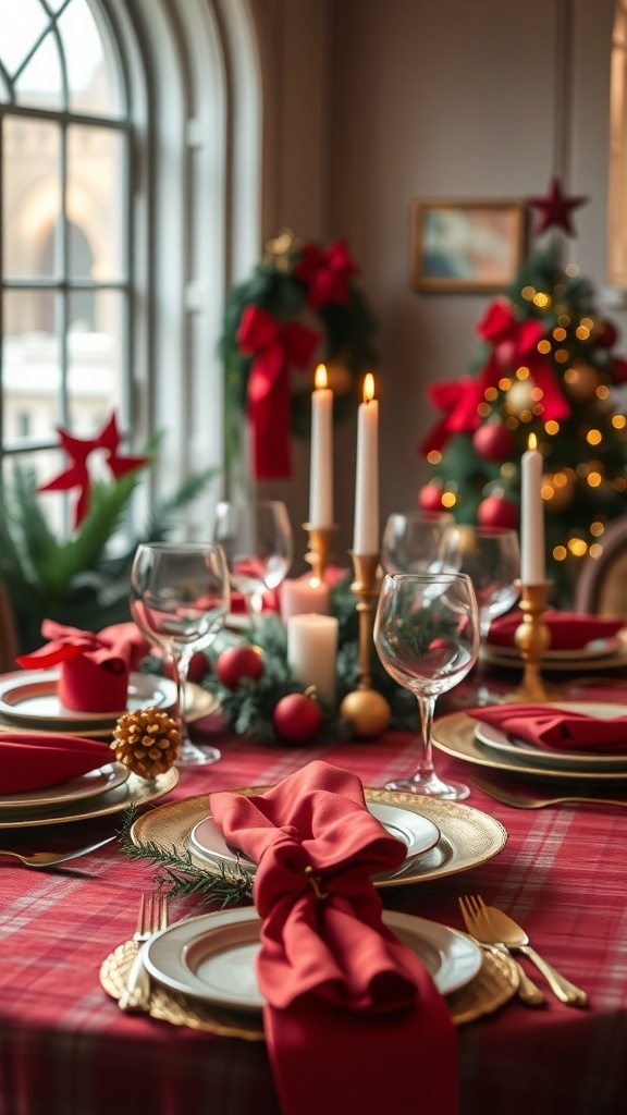 A beautifully set Christmas table with red and gold decorations, candles, and festive tableware.