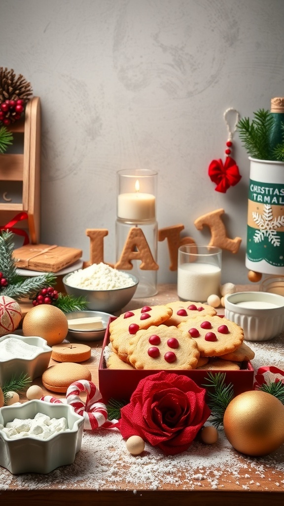 A beautifully arranged Christmas cookie baking station with cookies, decorations, and baking supplies.