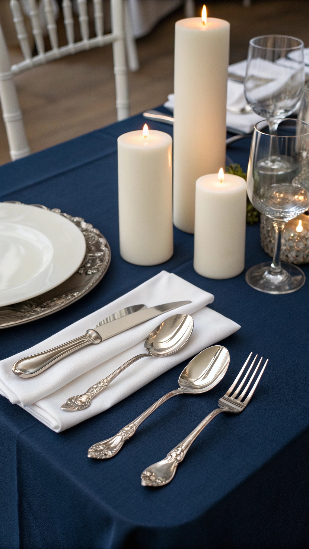 A Thanksgiving table setting featuring silverware on a navy tablecloth with white candles.