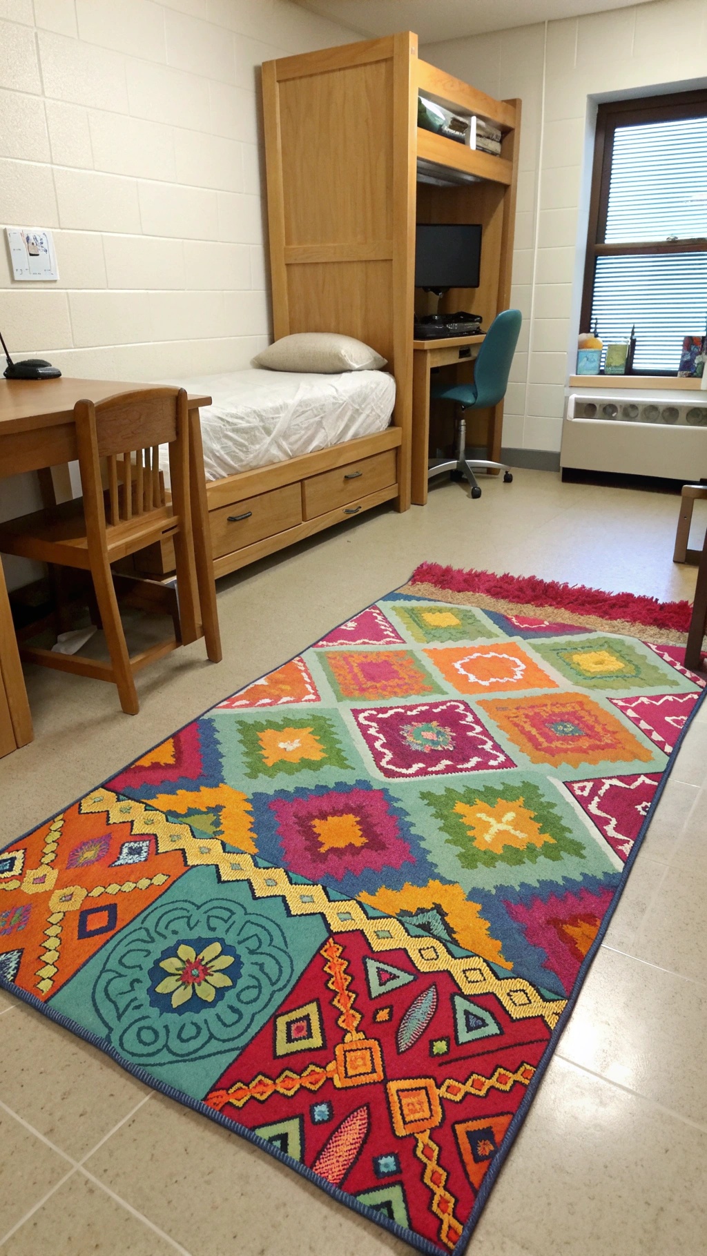 A vibrant area rug with geometric patterns in various colors placed in a dorm room.
