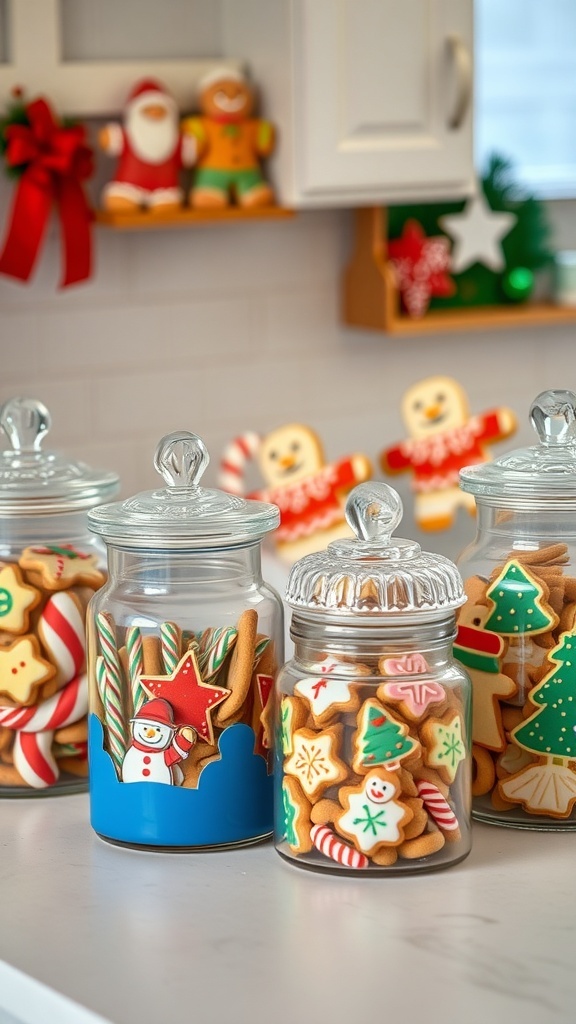 Colorful cookie jars filled with Christmas-themed cookies