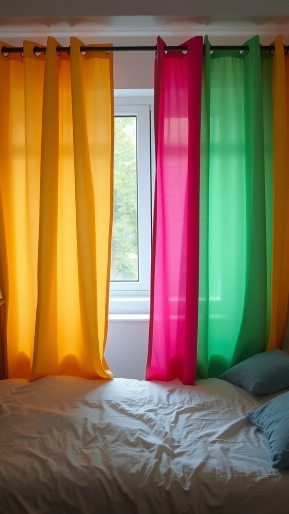 Colorful curtains in yellow, pink, and green hanging in a dorm room window.