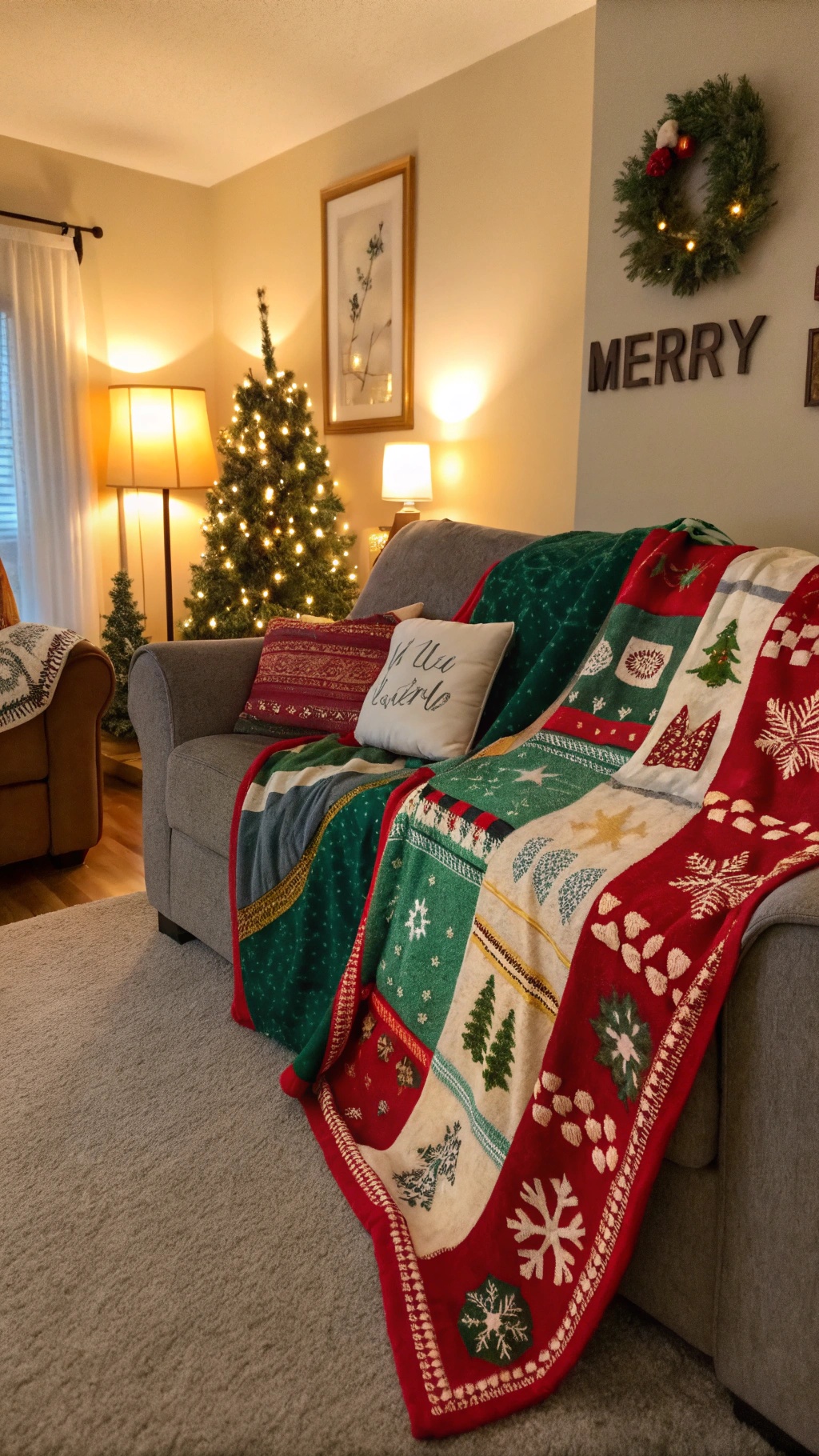 A cozy living room with colorful holiday throws draped over a gray sofa, featuring festive patterns and a Christmas tree in the background.