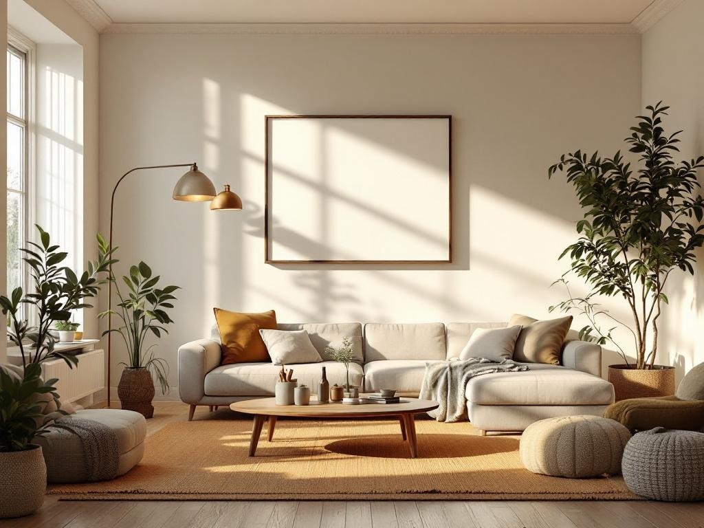 A cozy living room with a light sofa, poufs, and plants, perfect for fall.
