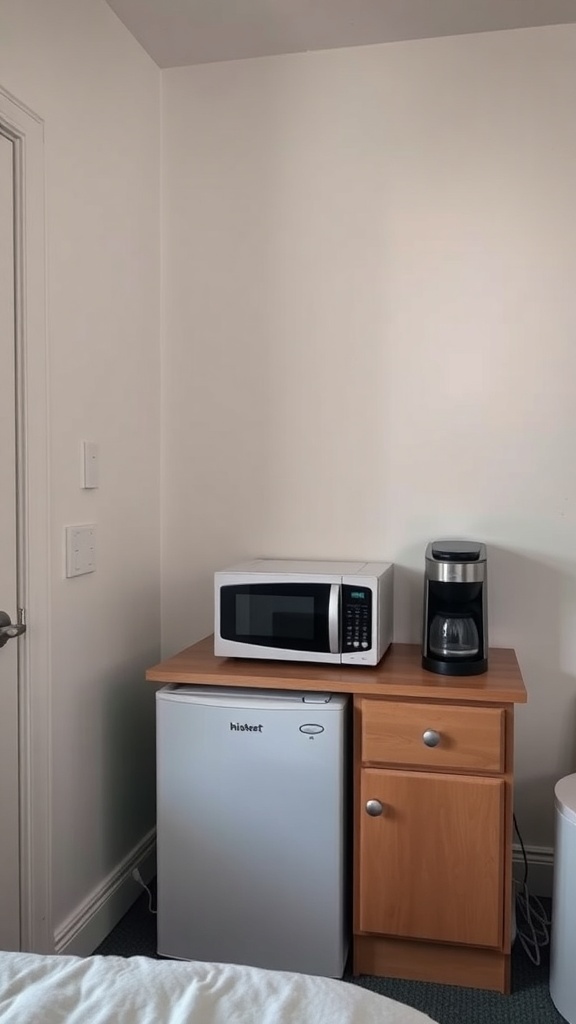 Compact kitchenette with a mini fridge, microwave, and coffee maker in a dorm room.