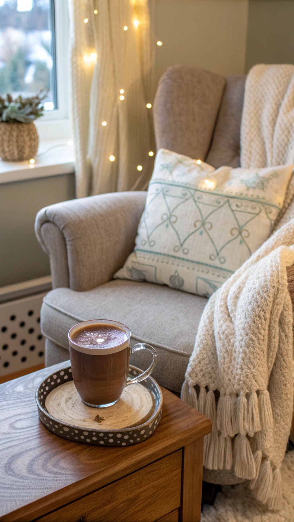 A cozy living room corner with a steaming mug of hot beverage on a wooden table next to a comfortable chair.