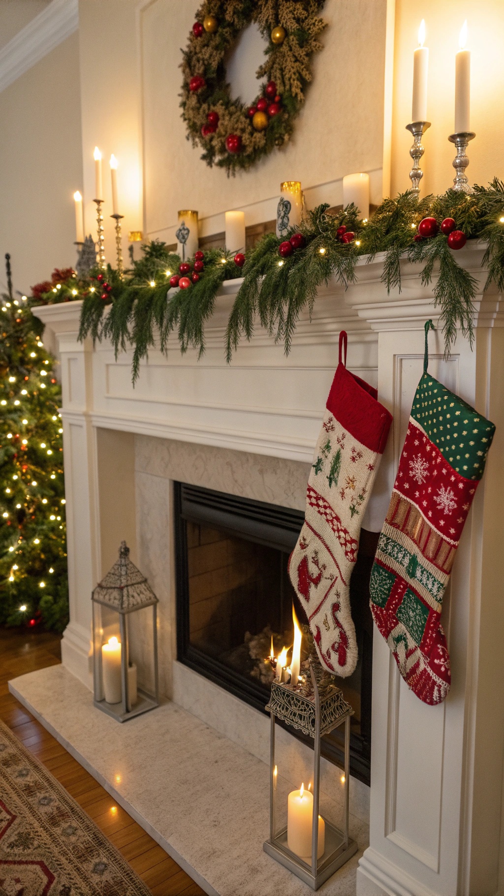 A beautifully decorated fireplace mantel with stockings, a garland, and candles.