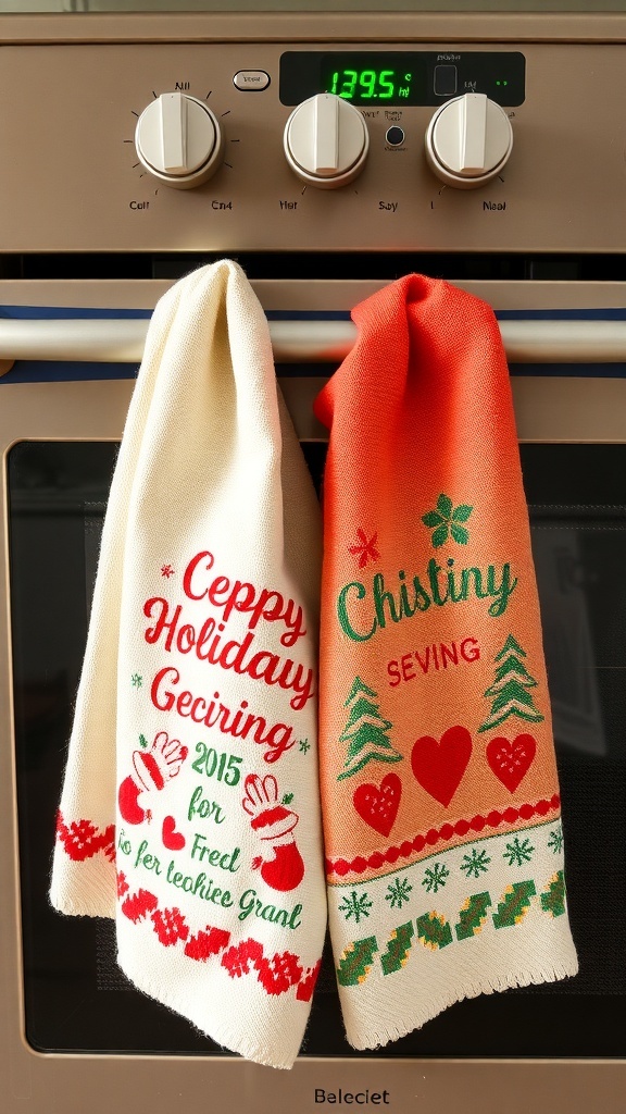 Two colorful kitchen towels with holiday prints hanging on an oven.