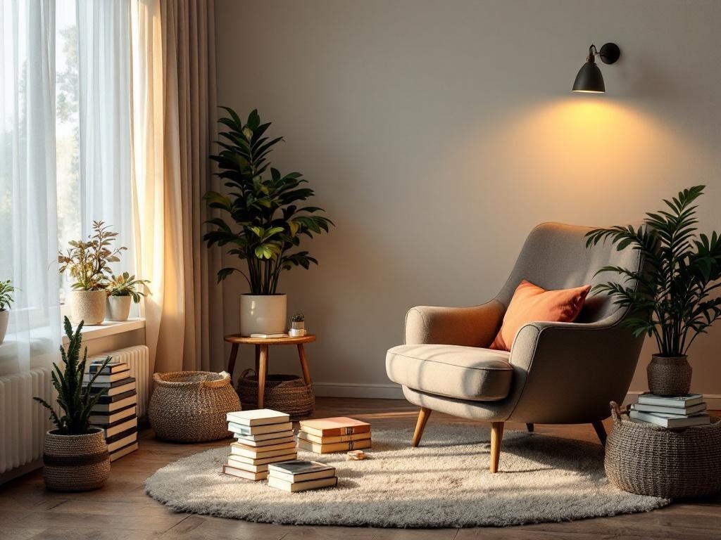 A cozy reading nook with a comfortable chair, plants, and books.