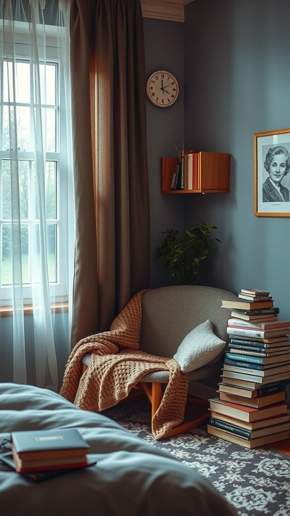 Cozy reading nook with a chair, blanket, and books.