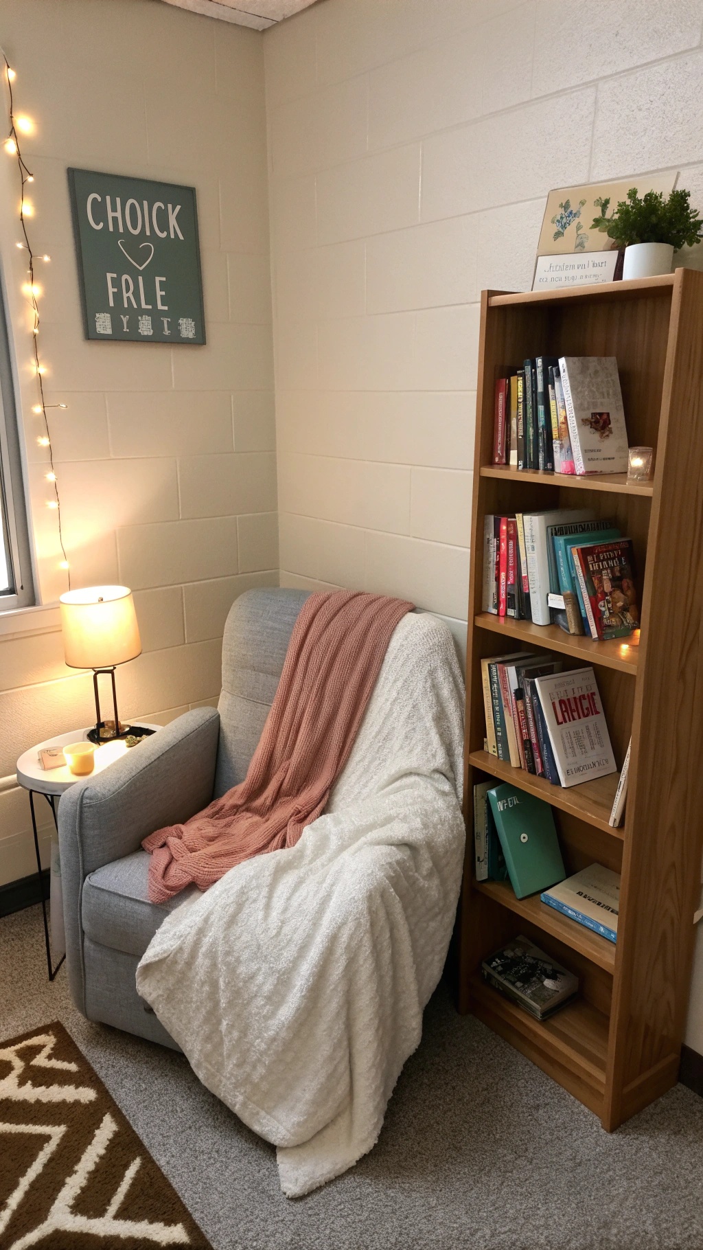 A cozy reading nook with a chair, blankets, bookshelves, and soft lighting.