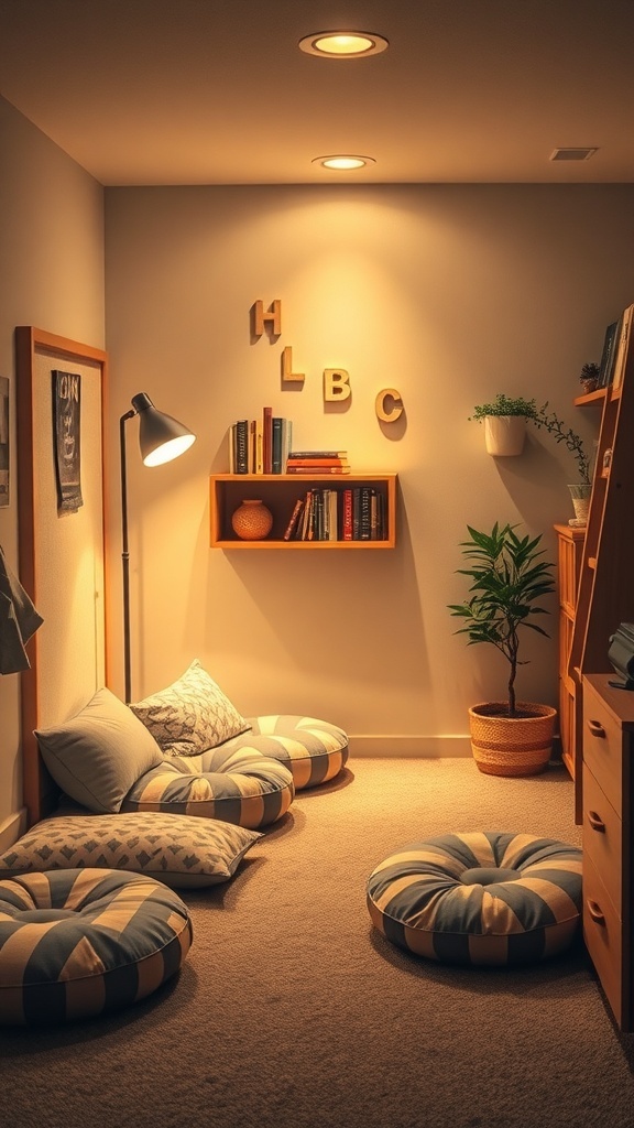 A cozy reading nook with floor cushions, a lamp, and bookshelves.