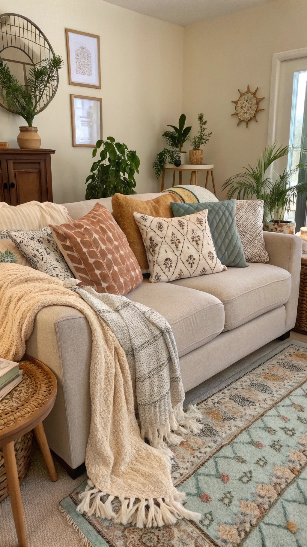 A cozy living room with a beige sofa adorned with various textured throws and decorative pillows.