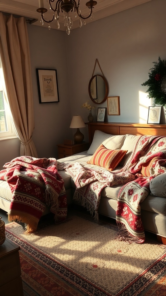 A cozy living room with throws on the sofa, featuring warm colors and a welcoming atmosphere.