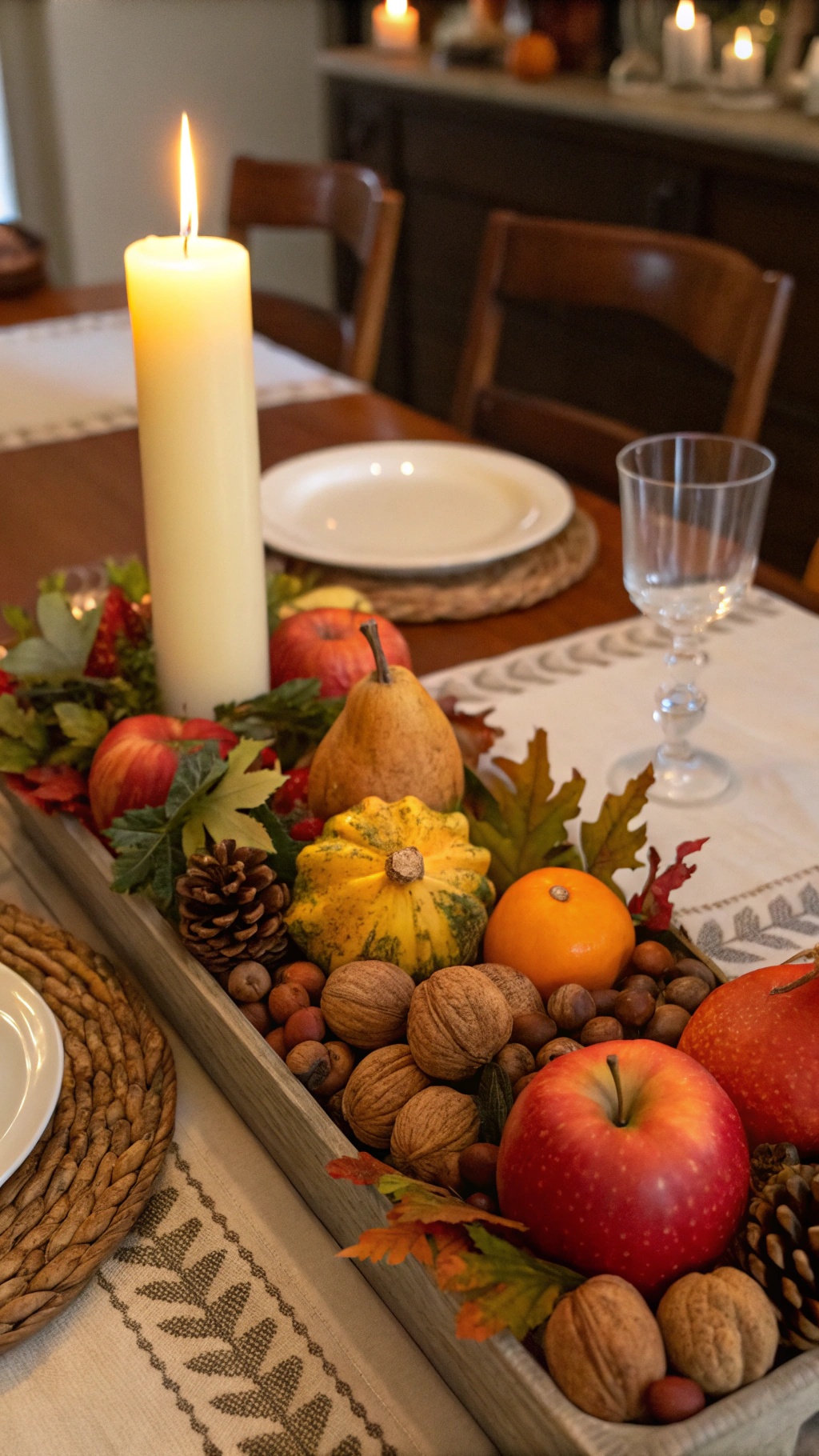 Harvest-themed centerpiece with fruits, gourds, and a candle on a dining table.