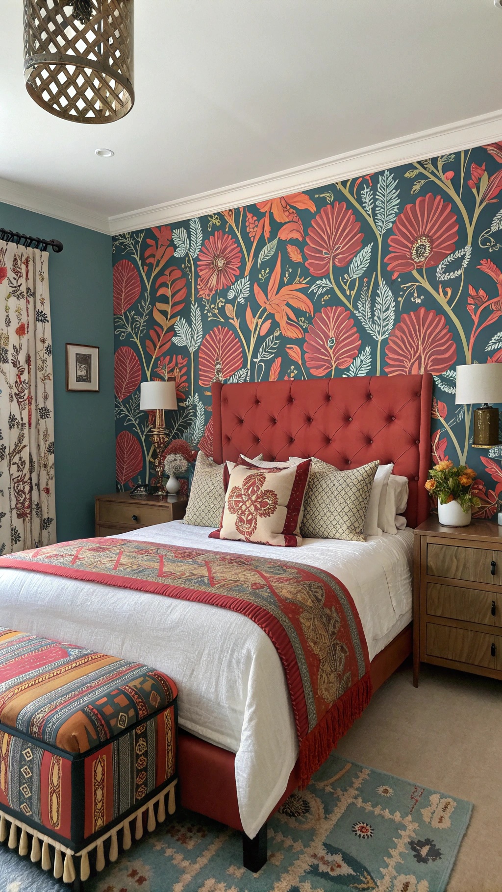 A beautifully decorated bedroom featuring a vibrant floral wallpaper, a tufted red headboard, and colorful textiles.