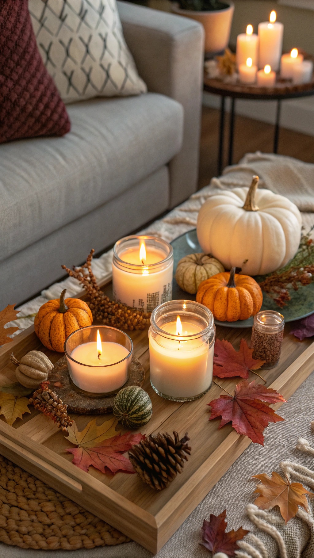 Cozy fall candle arrangement with pumpkins and leaves.