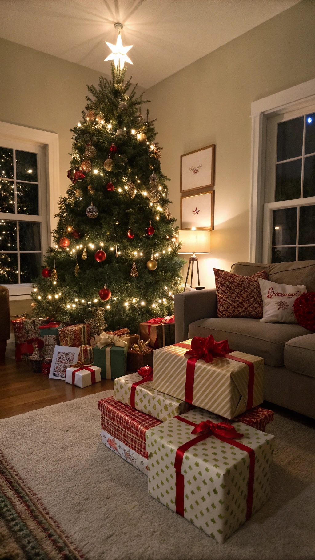 A cozy living room decorated for Christmas with a tree and beautifully wrapped gifts.