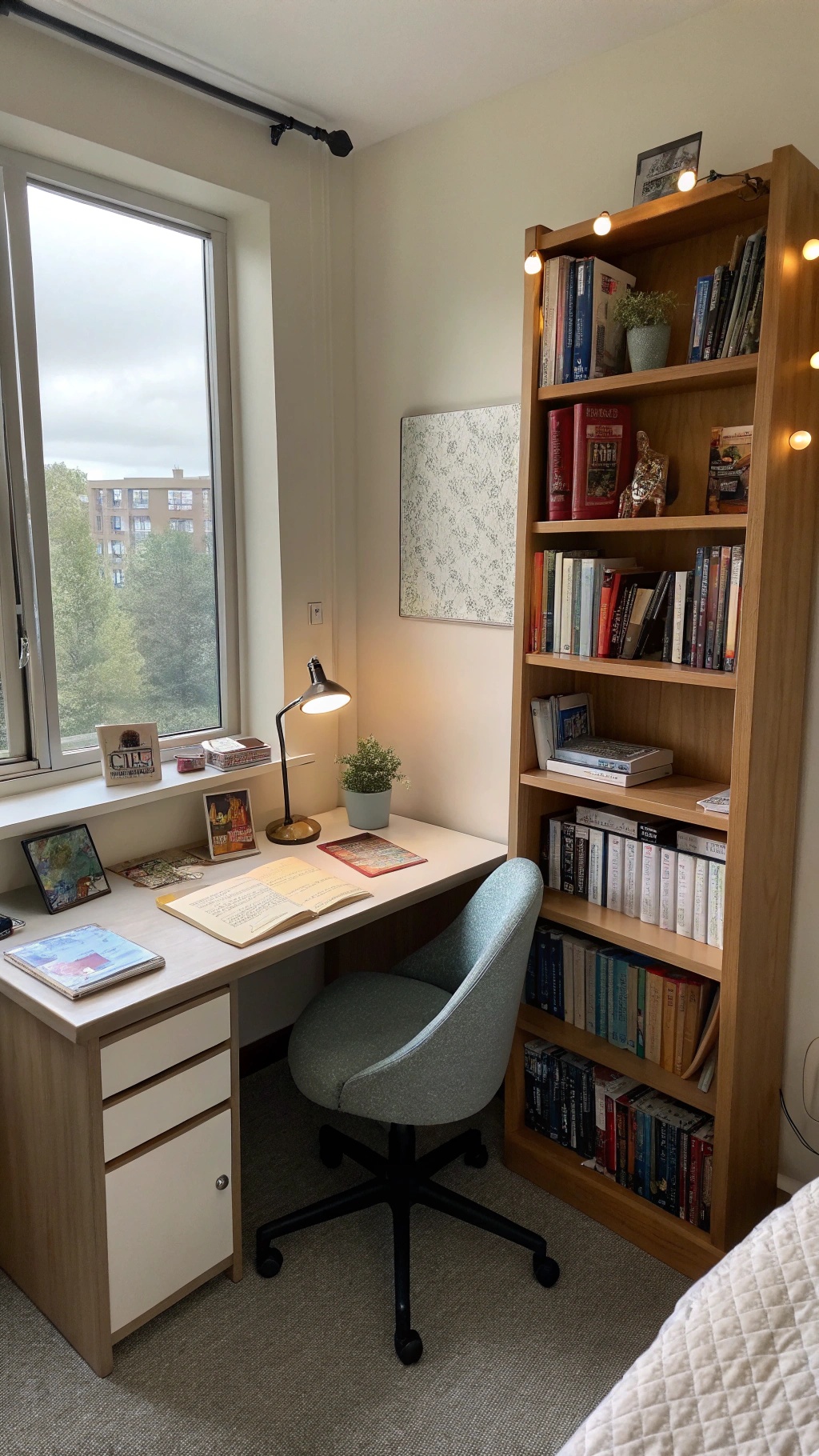A well-organized study corner featuring a desk, chair, bookshelf, and decorative elements.