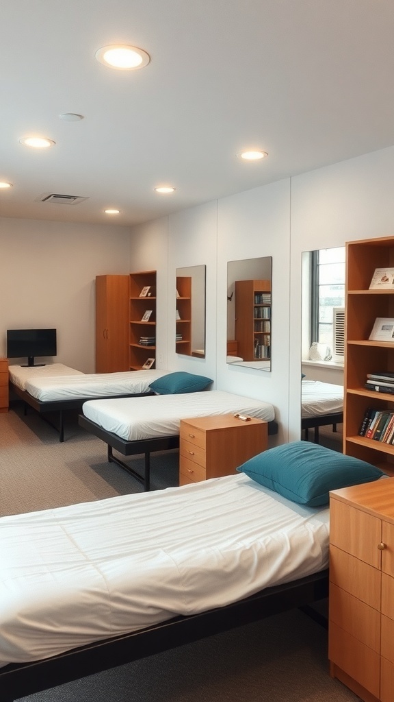 A dorm room with two beds, wooden furniture, and mirrors on the wall.