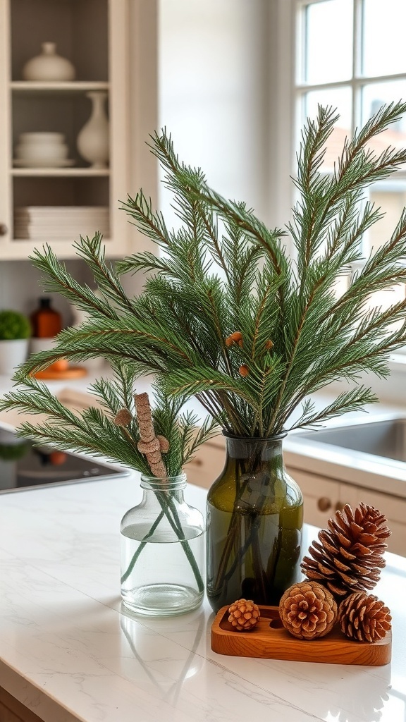 A cozy kitchen decor featuring pine branches in vases and pinecones on a wooden tray.
