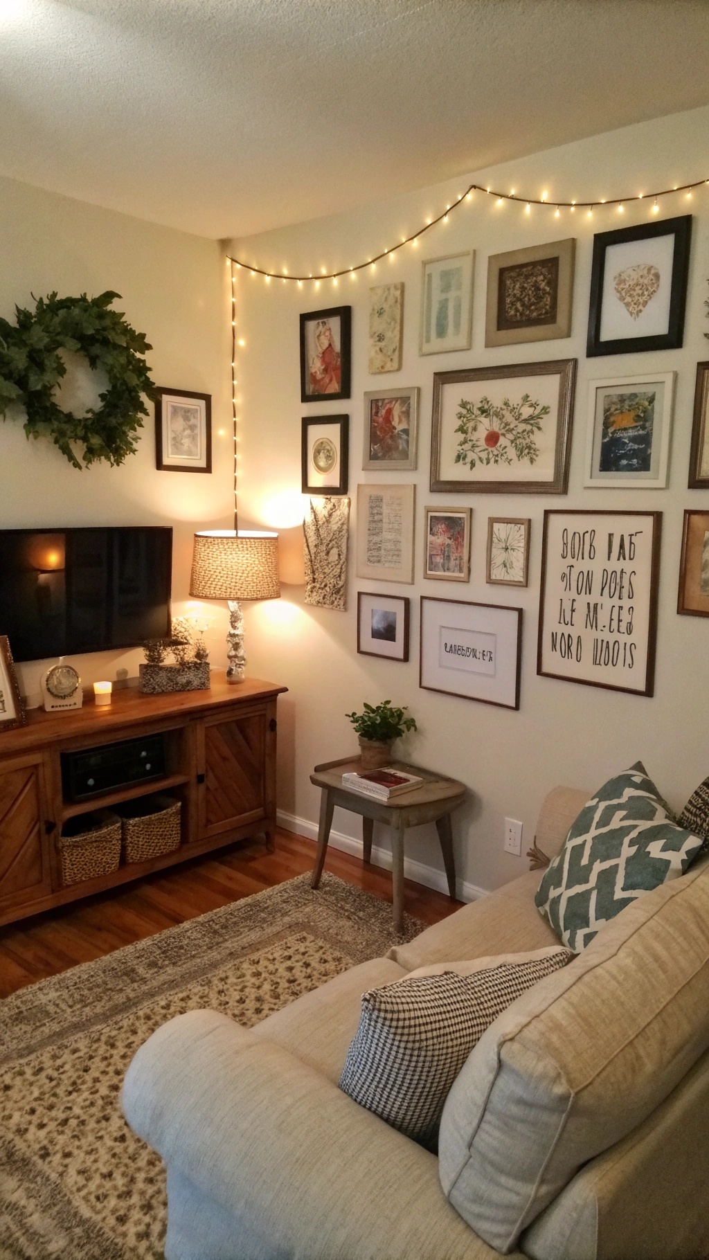 A cozy living room with a creative wall art arrangement featuring various framed pictures and string lights.
