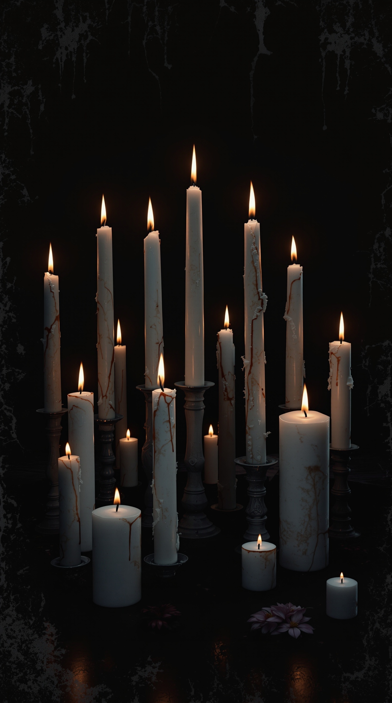 An arrangement of various candles in different heights, some with wax drippings, creating a spooky atmosphere.