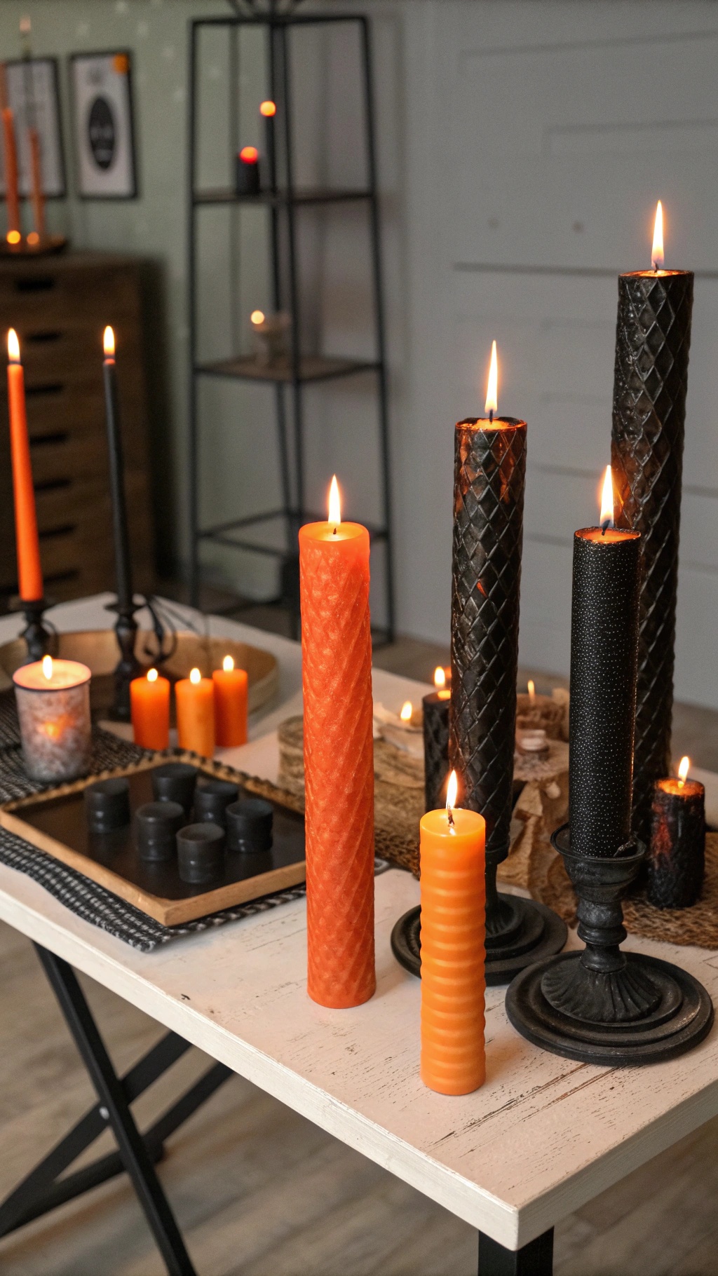 A collection of Halloween-themed candles in various colors and sizes, arranged on a table.