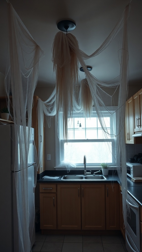 A kitchen decorated with creepy cobwebs hanging from the ceiling.
