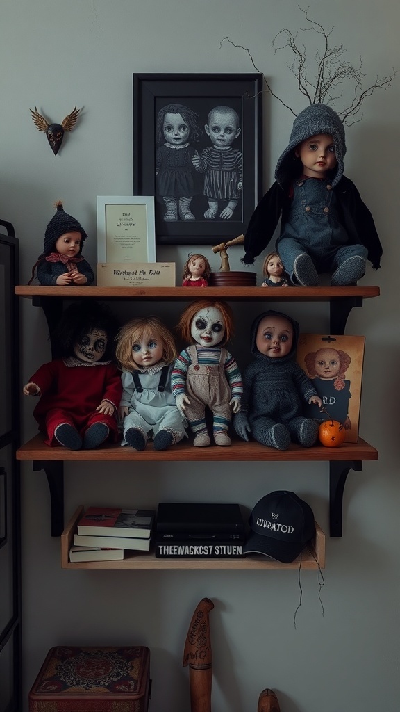 A collection of creepy dolls on a shelf, featuring various styles and expressions.